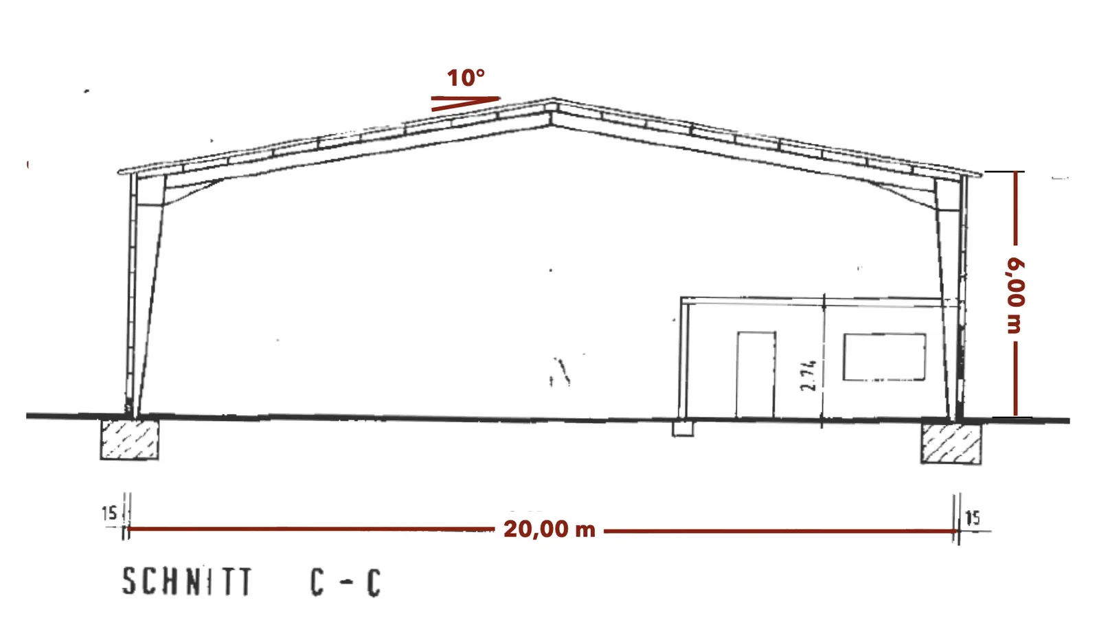 TRS1500CSWBS01 – sezione storica C-C dal fascicolo edilizio: luce 20,00 m, gronda 6,00 m, pendenza 10°.