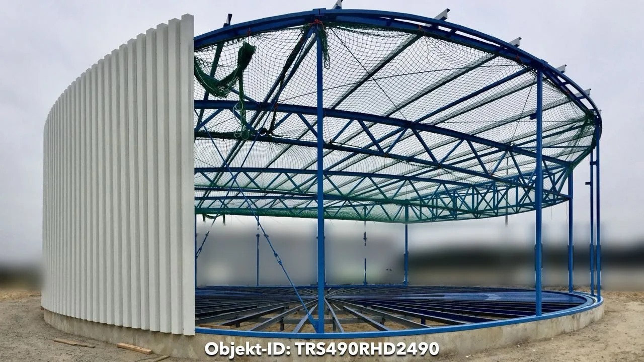 TRS490RHD2490 – Under construction: trapezoidal sheet wall, roof structure with safety netting.