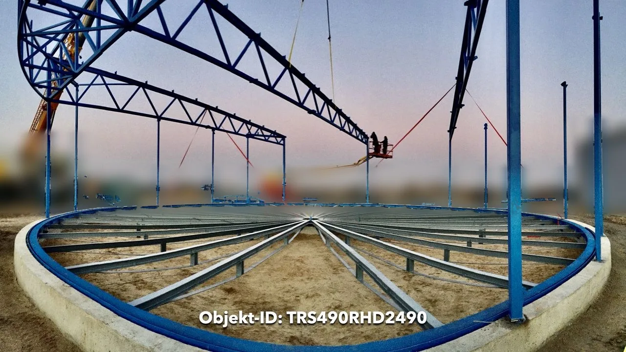 TRS490RHD2490 – Erecting the structure with a mobile crane and aerial work platform over the ring foundation.